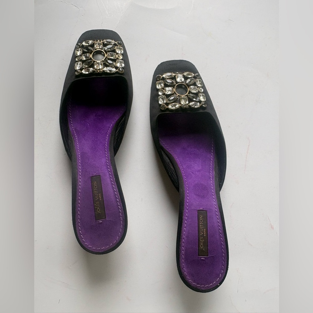 Louis Vuitton Black and Purple Mules with Crystal Embellishments